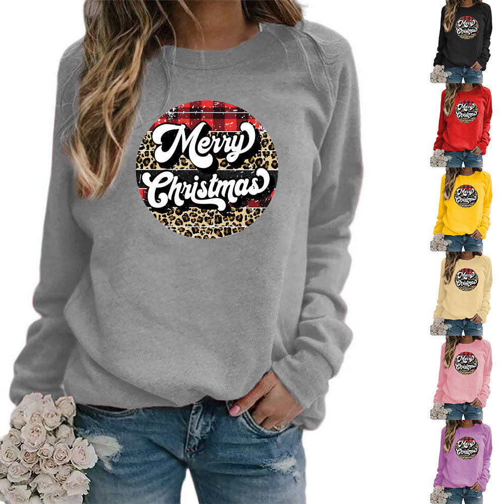Amazon cross-border foreign trade Christmas Merry Christmas printed round neck long sleeve women's sweater European size