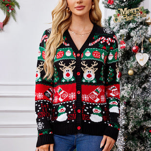Cross-Border Export Women's Christmas Elk Jacquard Knitted Sweater Top 2025 Autumn and Winter New Pullover Christmas Sweater