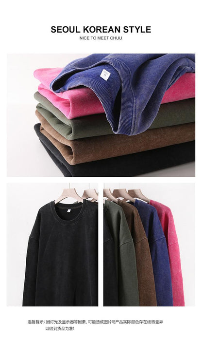 Trendy Brand Heavyweight Pure Cotton Terry 400g Washed Distressed Crew Neck Sweatshirt Hoodie Retro Sweatshirt with Printed Logo