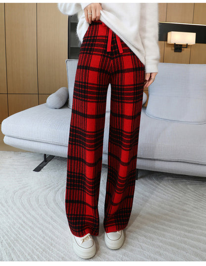24 Autumn and Winter New High Waist All-match Casual Wide-leg Pants Women's Straight Loose Plaid Trousers 100 Wool Thickened