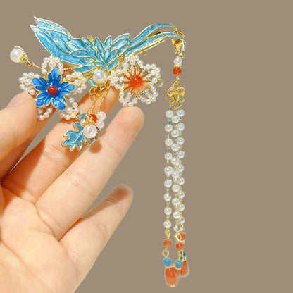 Antique Style Burned Blue Cloud Pearl Hairpin New Chinese Tassel Side Clip Advanced Sense Clip Hair Accessories Headwear Hair Clip
