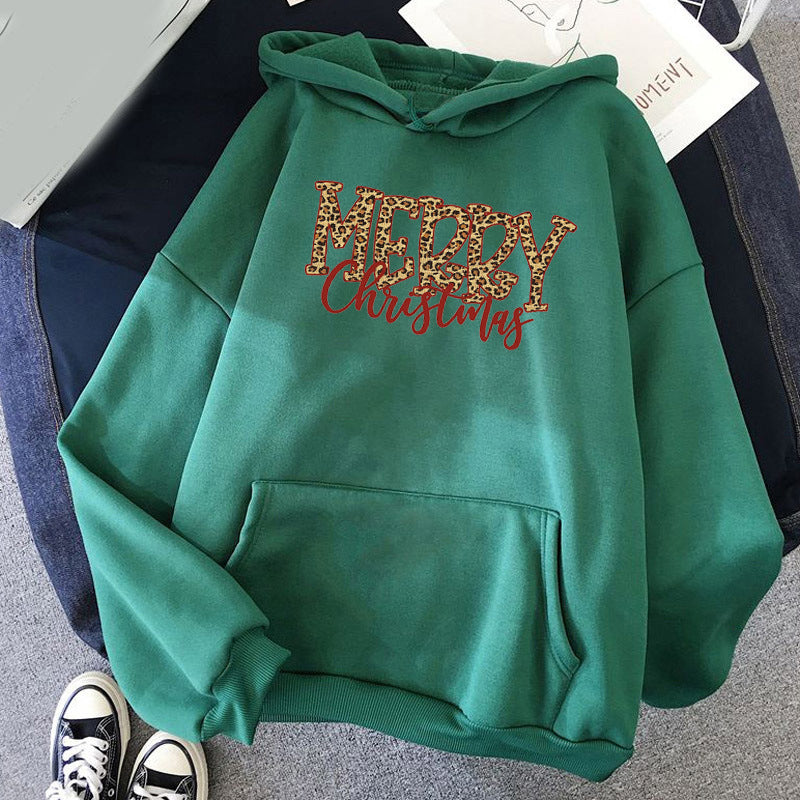 Christmas Leopard Print Merry Christmas Print Hooded Sweatshirt European and American Autumn and Winter Men's and Women's Top Coat