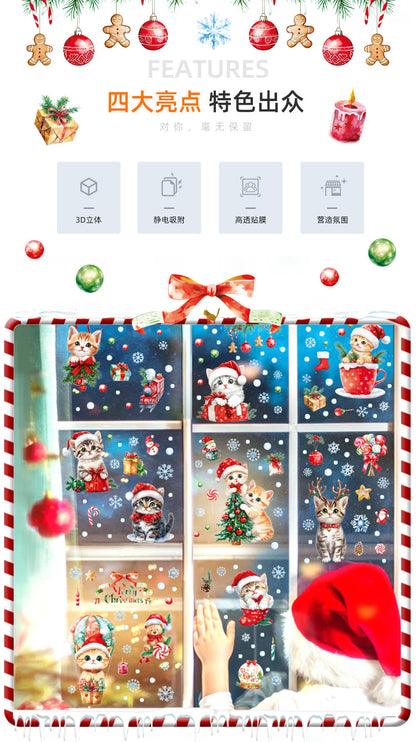 Cross-border New Cute Christmas Cat Balloon Gift Snowflake Glass Stickers Christmas Shopping Mall Glass Door Decorative Stickers