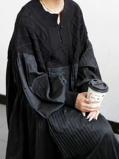 2025 Japanese Style Autumn New Pleated Diamond Pattern Sweater Spliced Long Dress in Stock
