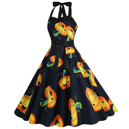Factory direct supply 2024 Halloween new Hepburn style high waist slim hanging neck large swing long retro dress