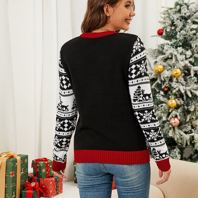 Cross-Border Export Women's Christmas Elk Jacquard Knitted Sweater Top 2025 Autumn and Winter New Pullover Christmas Sweater