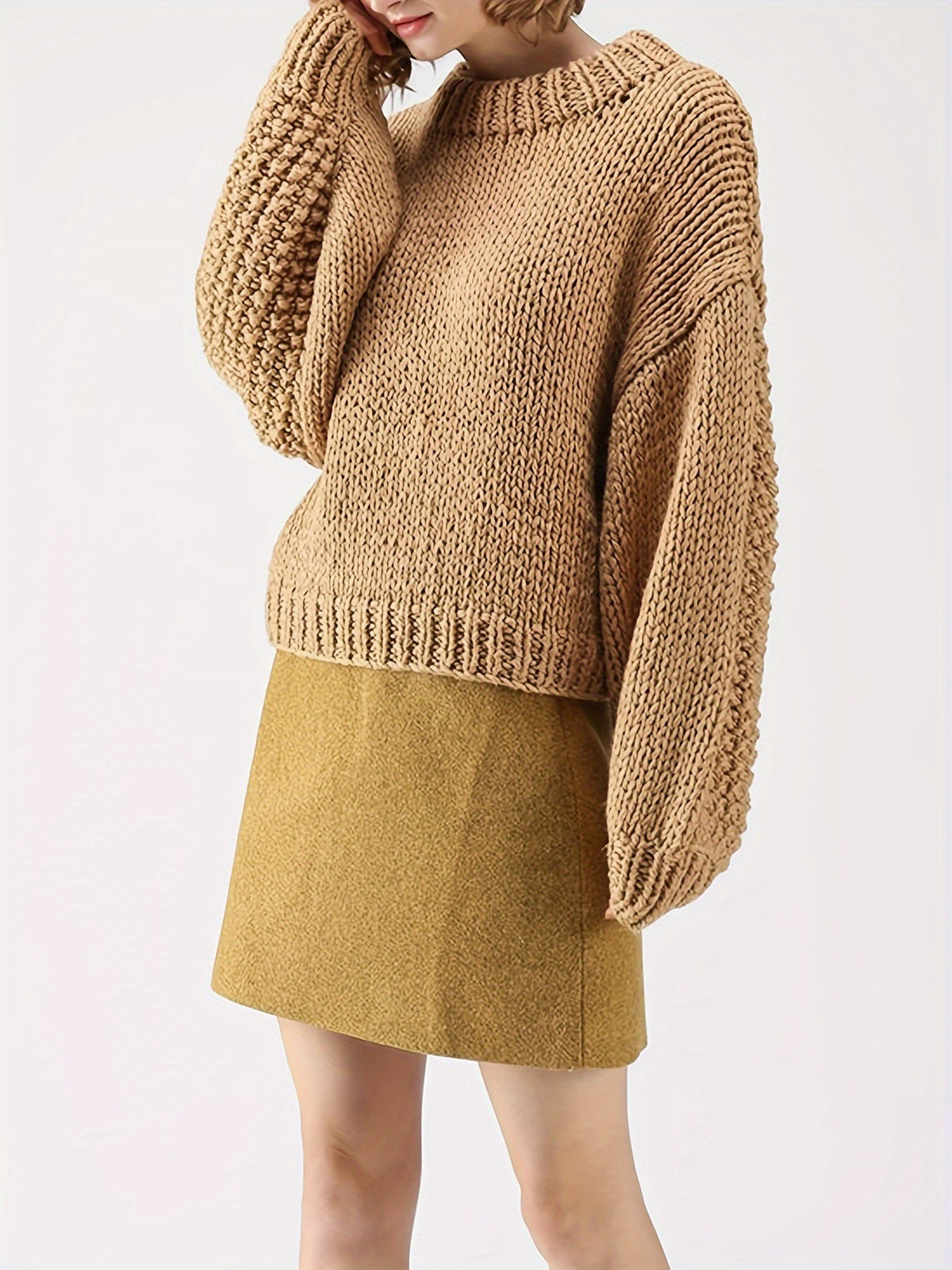 European and American Export Yellow Retro Style Thick Knitted Round Neck Sweater Women's Loose Lantern Sleeve Lazy Autumn and Winter Pullover Top
