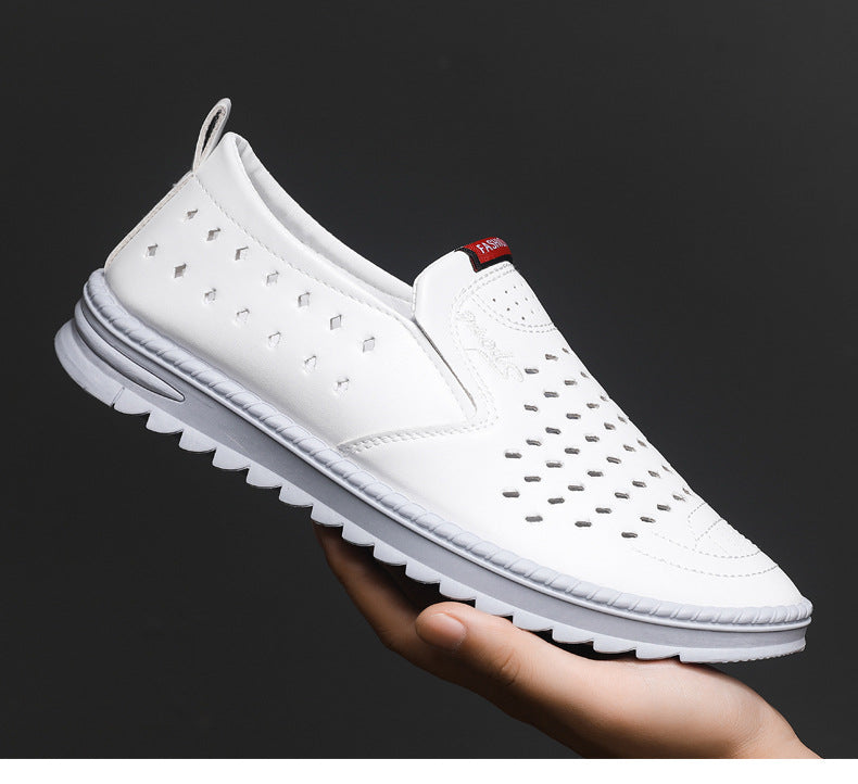 Hollow-Out Leather Shoes for Men, Summer Breathable Soft Leather Low-Top Business Casual Versatile Slip-On Perforated Dad Shoes