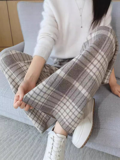 24 Autumn and Winter New High Waist All-match Casual Wide-leg Pants Women's Straight Loose Plaid Trousers 100 Wool Thickened