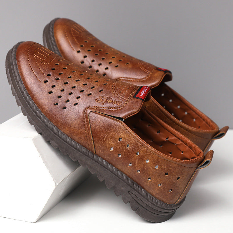 Hollow-Out Leather Shoes for Men, Summer Breathable Soft Leather Low-Top Business Casual Versatile Slip-On Perforated Dad Shoes