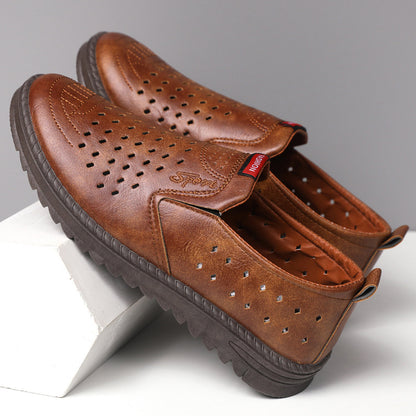 Hollow-Out Leather Shoes for Men, Summer Breathable Soft Leather Low-Top Business Casual Versatile Slip-On Perforated Dad Shoes
