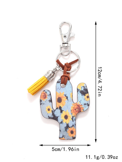 New Wooden Cactus Keychain Leopard Flower Rainbow Sunflower Striped Printed Bag Car Pendant