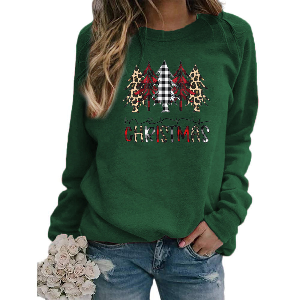 Leopard Red Plaid Christmas Tree Merry Christmas Print Round Neck European and American Women's Autumn and Winter Sweat