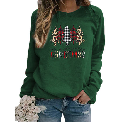 Leopard Red Plaid Christmas Tree Merry Christmas Print Round Neck European and American Women's Autumn and Winter Sweat