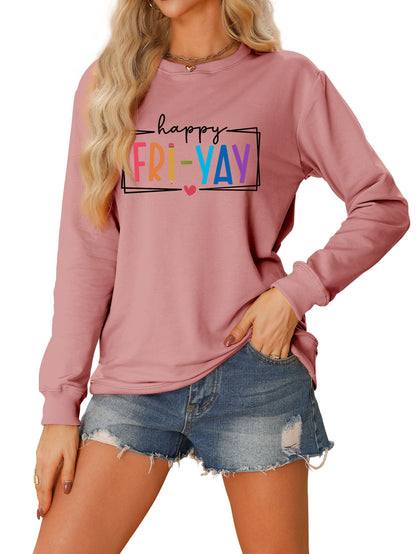 Amazon Ebay Round Neck Sweatshirt Happy Fri Yay Fun Letters Casual Fashion Long-Sleeved Tops in Stock