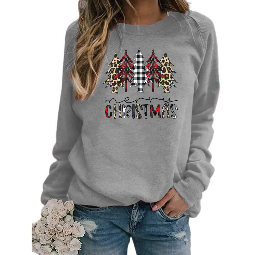 Leopard Red Plaid Christmas Tree Merry Christmas Print Round Neck European and American Women's Autumn and Winter Sweat