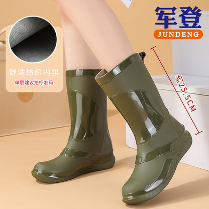 Rain Boots for Women, New Fashionable Waterproof Shoes, Mid-Calf Outdoor Rain Boots for Beachcombing, Trendy Non-Slip Waterproof Slip-On Rubber Shoes