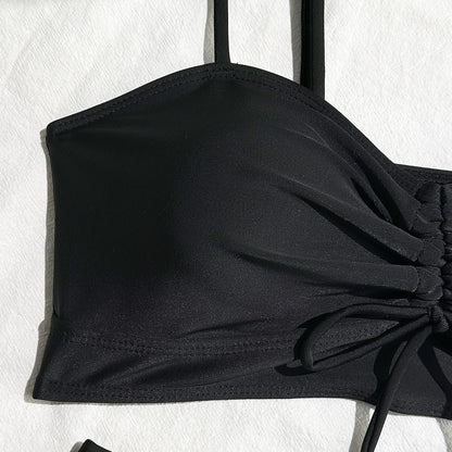 2025 European and American New Pure Color Split Conservative Boxer Briefs Chest Mid-Pants Side Drawstring Swimsuit Swimsuit Cross-Border Temu