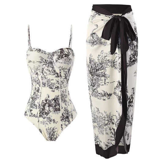 2025 European and American New Style One-Piece Swimsuit for Women, Slim-Fitting, Retro Tie-Up, Sun-Protective Long Skirt Two-Piece Set, Hard-Packed Swimsuit