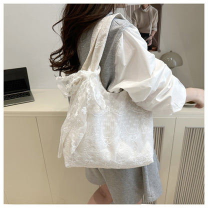 Korean Style Small Fresh Lace Flower Canvas Bag 2025 New Large Capacity Commuter Lazy Style Single Shoulder Large Tote Bag