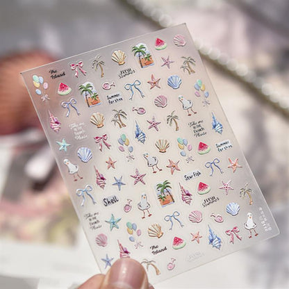 Kitten's Summer Nail Art Stickers Embossed New 3D Ins Fresh Ocean Cute Pet Nail Stickers Decoration