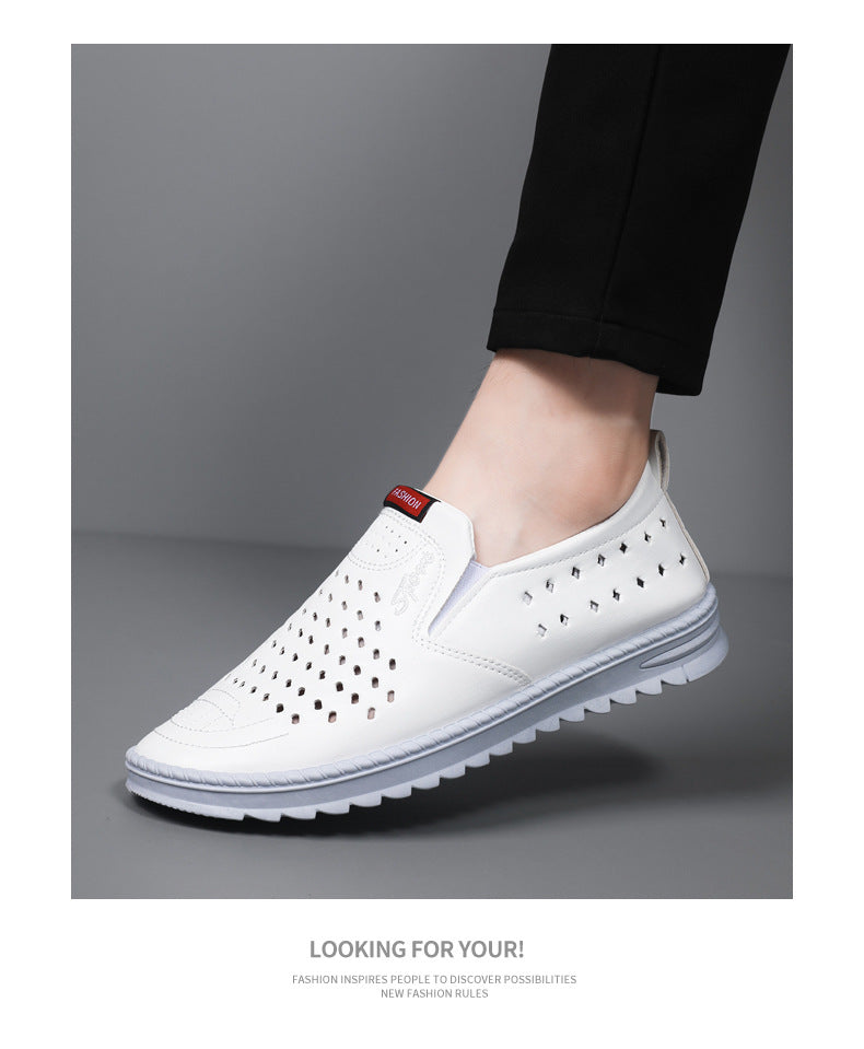 Hollow-Out Leather Shoes for Men, Summer Breathable Soft Leather Low-Top Business Casual Versatile Slip-On Perforated Dad Shoes