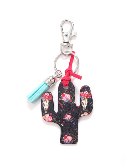 New Wooden Cactus Keychain Leopard Flower Rainbow Sunflower Striped Printed Bag Car Pendant