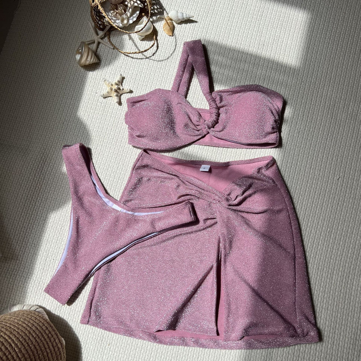 2025 European and American New Pure Color One-Shoulder Tube Top Glossy Cloth Three-Piece Swimsuit Swimsuit Bikini Bikini Export
