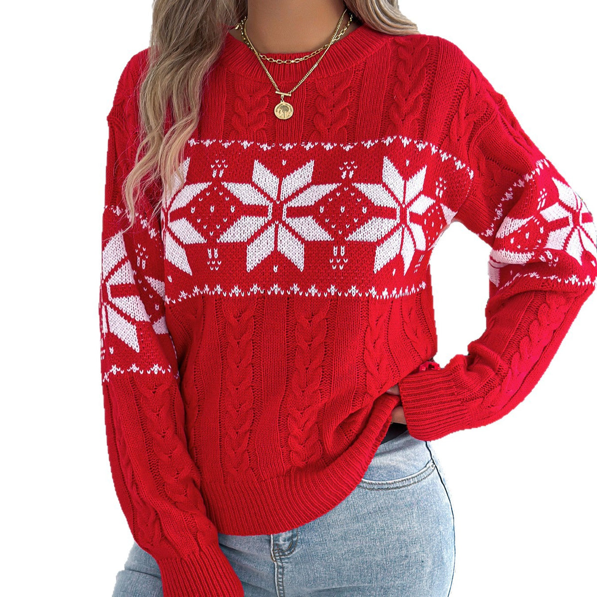 2025 Autumn and Winter European and American Snowflake Pattern Lantern Long Sleeve Pullover Sweater Amazon Cross-Border Women's Clothing Christmas