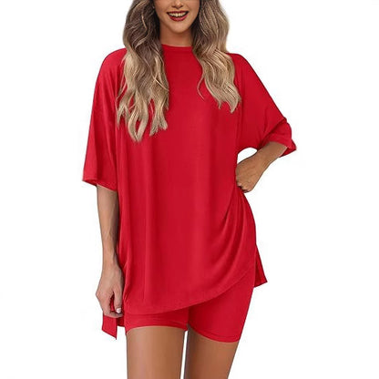 Cross-border foreign trade Amazon 2025 new women's casual round neck split loose shorts short sleeve home clothes suit