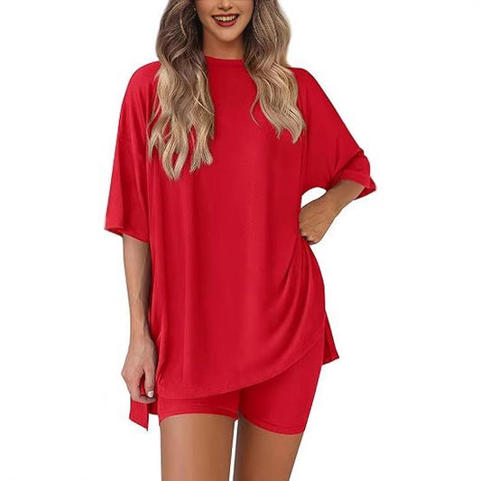 Cross-border foreign trade Amazon 2025 new women's casual round neck split loose shorts short sleeve home clothes suit