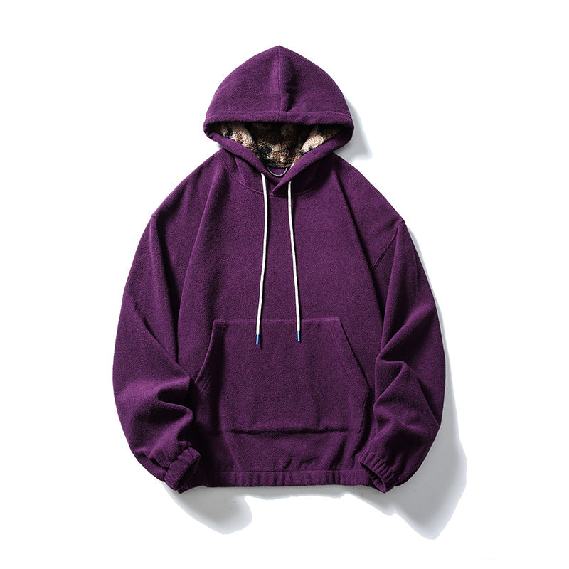 Black Fleet American Casual Style Unisex Versatile Hooded Warm Top Couple Style Hiking Fleece Solid Color Sweatshirt