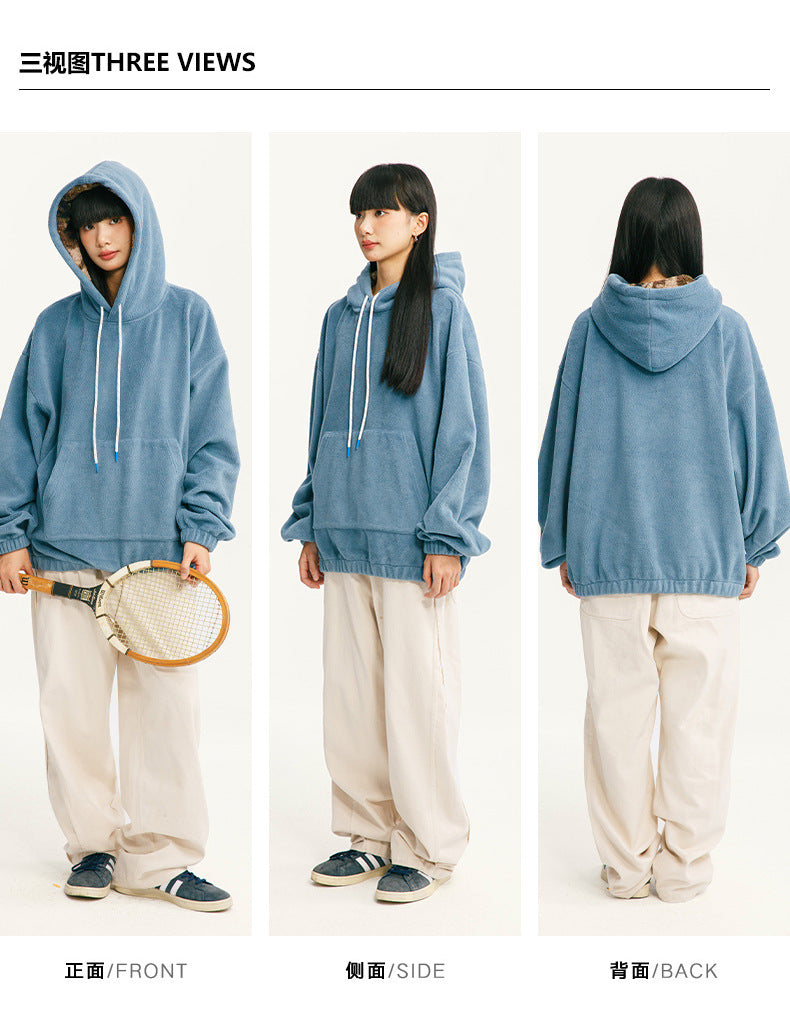 Black Fleet American Casual Style Unisex Versatile Hooded Warm Top Couple Style Hiking Fleece Solid Color Sweatshirt