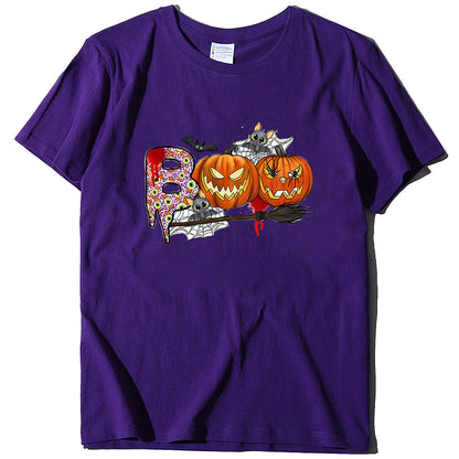 Cartoon Halloween Pumpkin Print Cross-Border Spring and Summer New Spot Multi-Color Cvc Pull-Up 180g Round Neck Short Sleeves