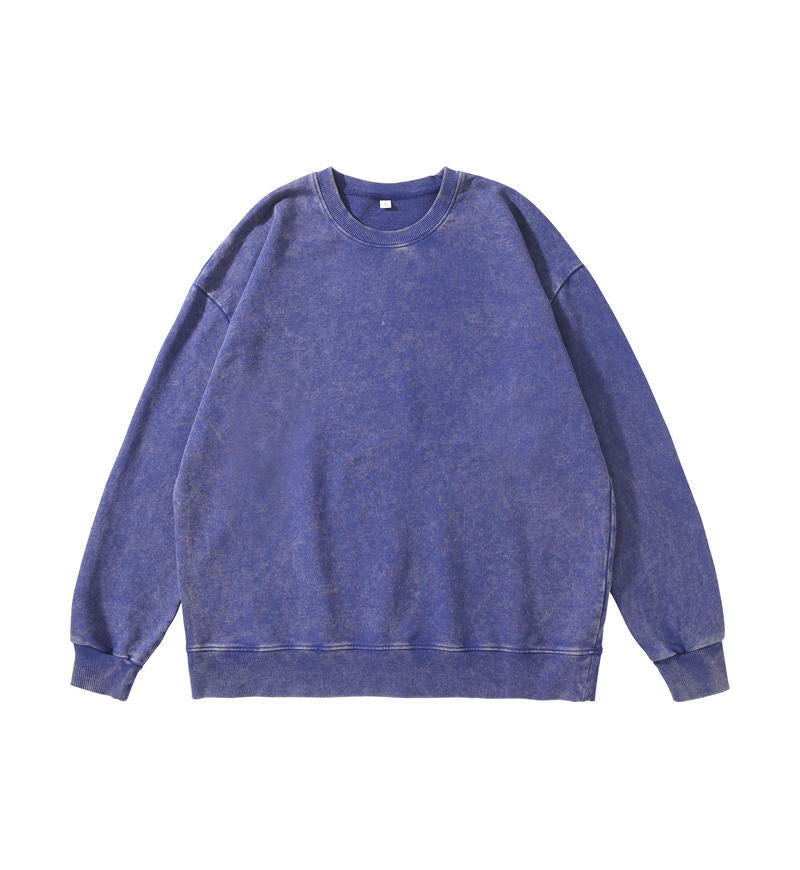Trendy Brand Heavyweight Pure Cotton Terry 400g Washed Distressed Crew Neck Sweatshirt Hoodie Retro Sweatshirt with Printed Logo