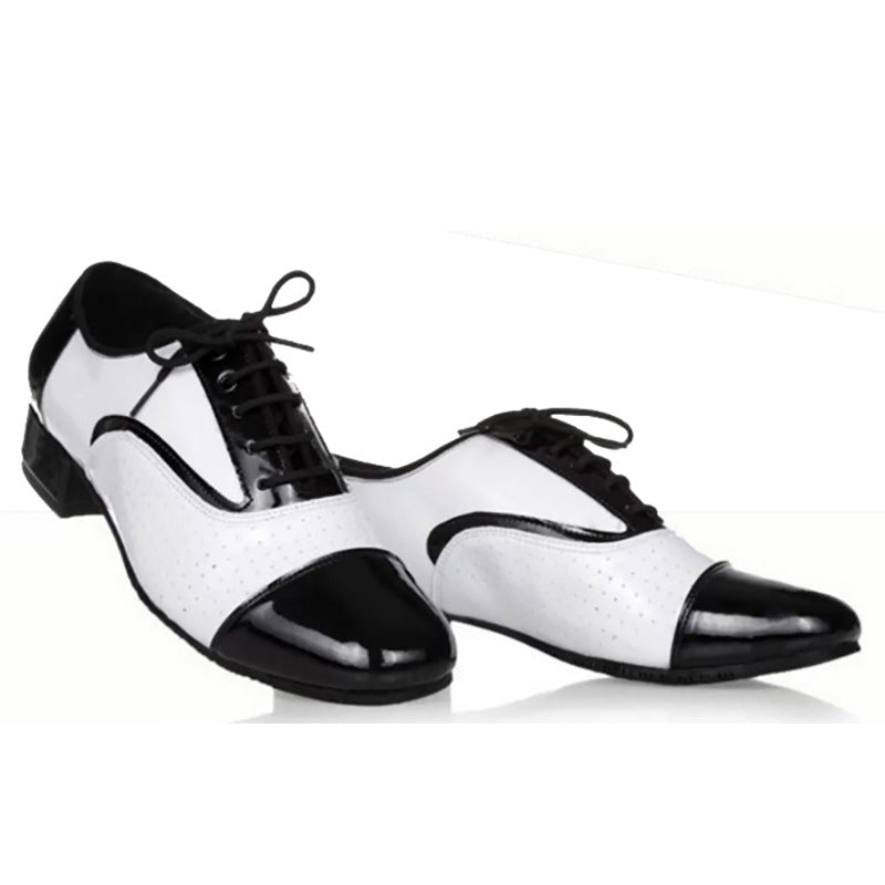 Latin dance shoes men's leather black and white international dance shoes square dance adult breathable soft bottom modern dance ballroom dance