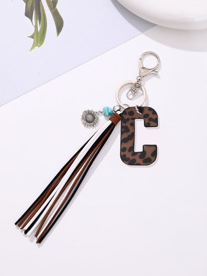 New Western Denim Style Leopard Oil-trimmed Leather Letter A Korean Velvet Tassel Combination Keychain Pendant Bag