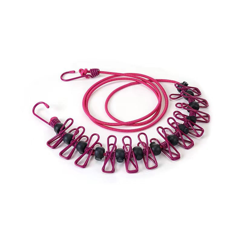 Creative Outdoor Elastic Windproof Clothesline with Positioning Clips, Korean Style Clothesline with 12 Windproof Clips
