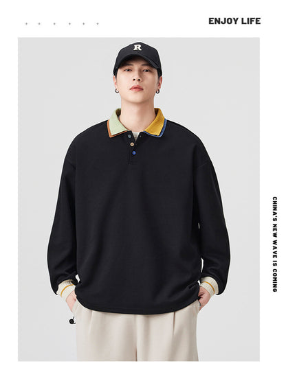 Casual Retro Contrast Color Lapel 280g Sweatshirt High-End Polo Collar Top Trendy Loose Couple Autumn Sweatshirt
