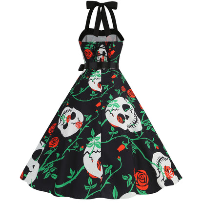 Factory direct supply 2024 Halloween new Hepburn style high waist slim hanging neck large swing long retro dress