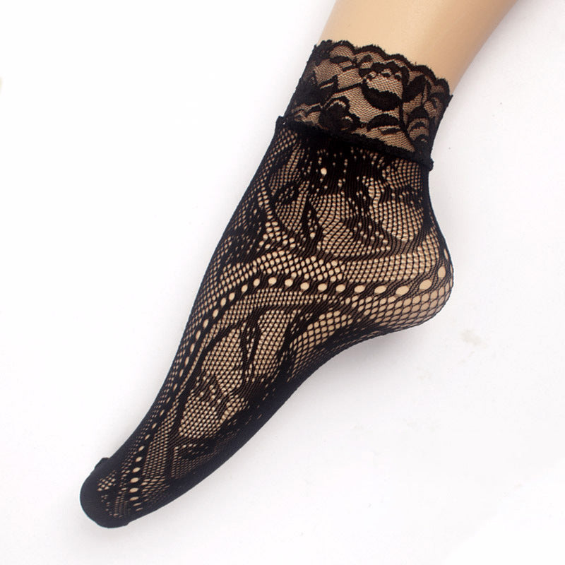Summer Small Mesh Lace Short Net Socks Breathable Short Stockings Invisible Socks plus size Black Pearl Short Socks