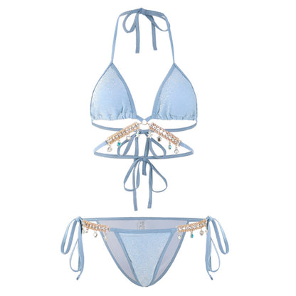 Swimsuit Female Mermaid Diamond Chain European and American Pure Lust Style Strap Triangle Bikini Three-Point Ins Sexy Vacation Swimsuit
