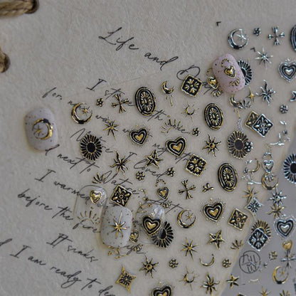 Metal Star and Moon Nail Art Stickers Embossed New 3D Stereo Popular Ins Gold and Silver Punk Nail Sticker Decorations