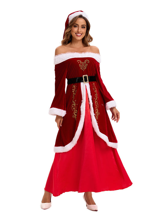 M-6Xl Plus Size Christmas Costume Santa Claus with Shawl Adult Female Christmas Skirt Stage Performance Clothing Complete Set