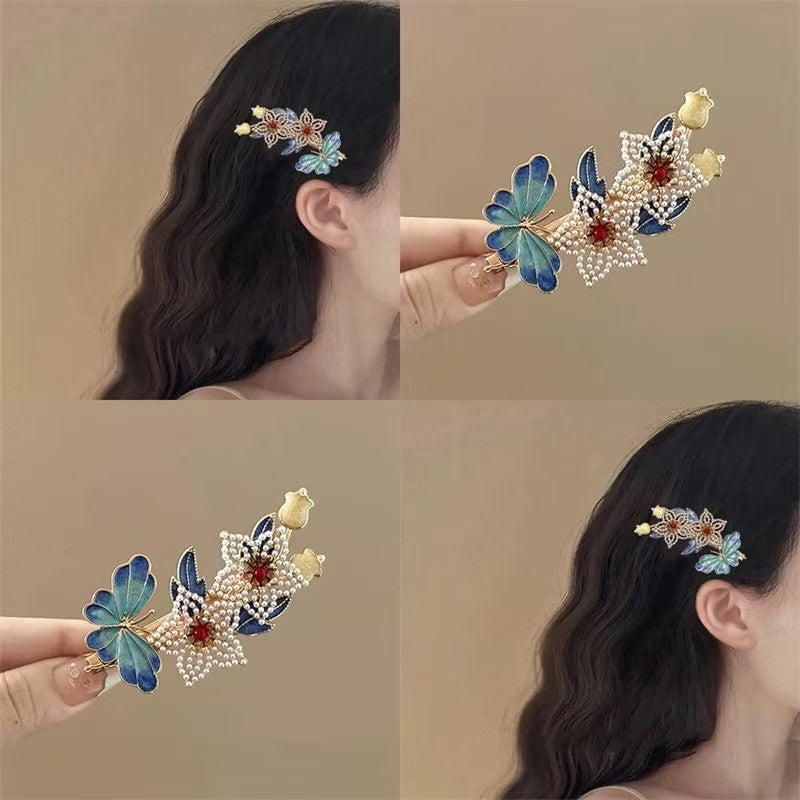 Antique Style Burned Blue Cloud Pearl Hairpin New Chinese Tassel Side Clip Advanced Sense Clip Hair Accessories Headwear Hair Clip
