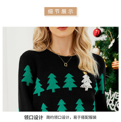 Shein Amazon European and American Clothing Autumn and Winter Pullover Jacquard Christmas Tree Knitwear Long-Sleeved Red Christmas Knitwear