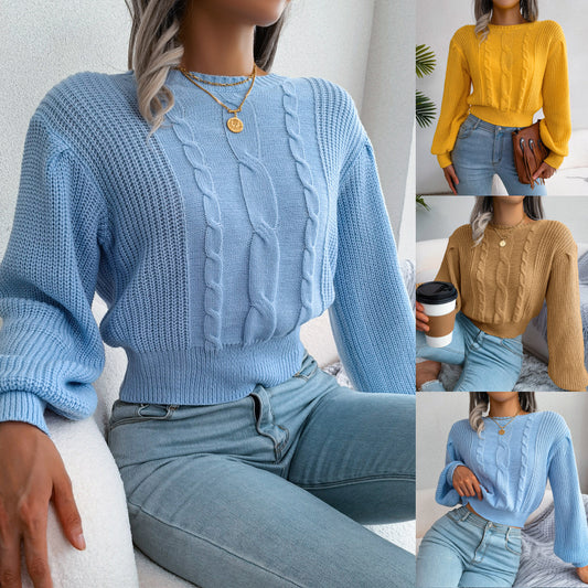 ins Style Real Shot Autumn and Winter European and American Leisure Twist Lantern Sleeve Waist Knitted Sweater Amazon Cross-border Women's Wear