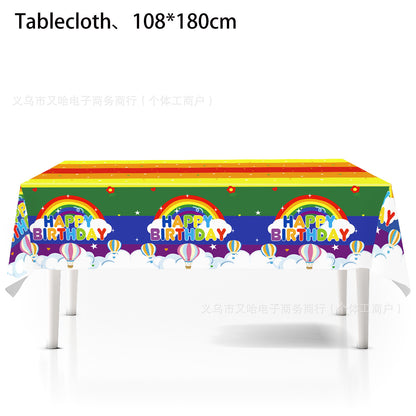 Cross-border Rainbow Party Paper Plate Paper Towel Tablecloth Neon Party Tableware suit Rainbow Birthday Party Decorations