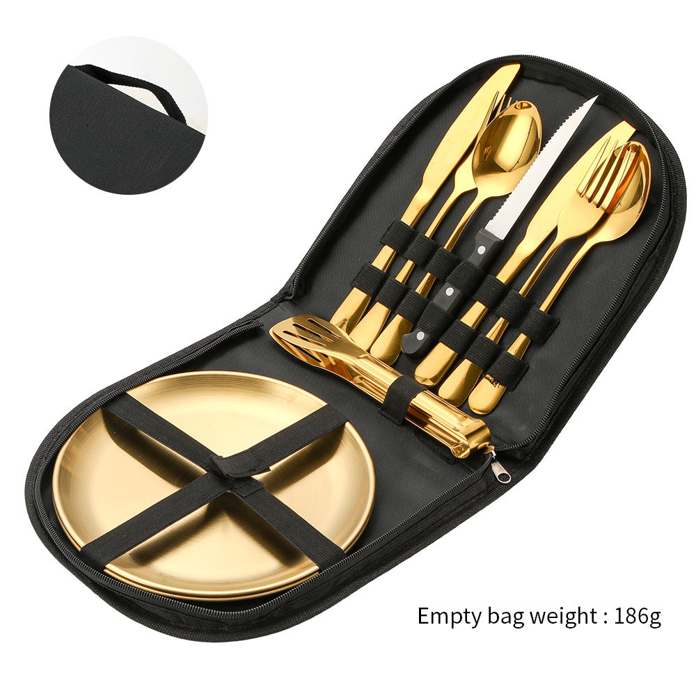 Amazon Outdoor Stainless Steel Tableware Steak Knife and Fork Spoon Barbecue Clip Plate 10-piece Travel Camping Set