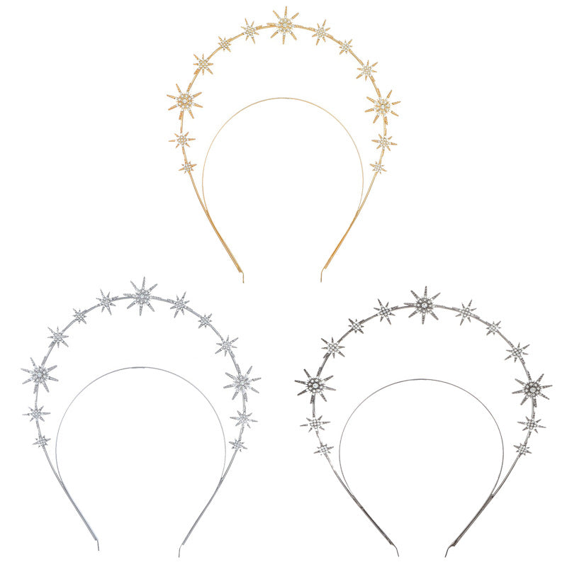 European and American Personalized Baroque Style Sun Moon Star Earrings Double-Layered Six-Pointed Star Headband with Diamonds and Shiny Decorations